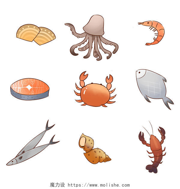 海鲜集合卡通小龙虾海鲜大餐虾扇贝乌贼海底生物元素png素材海鲜简笔画